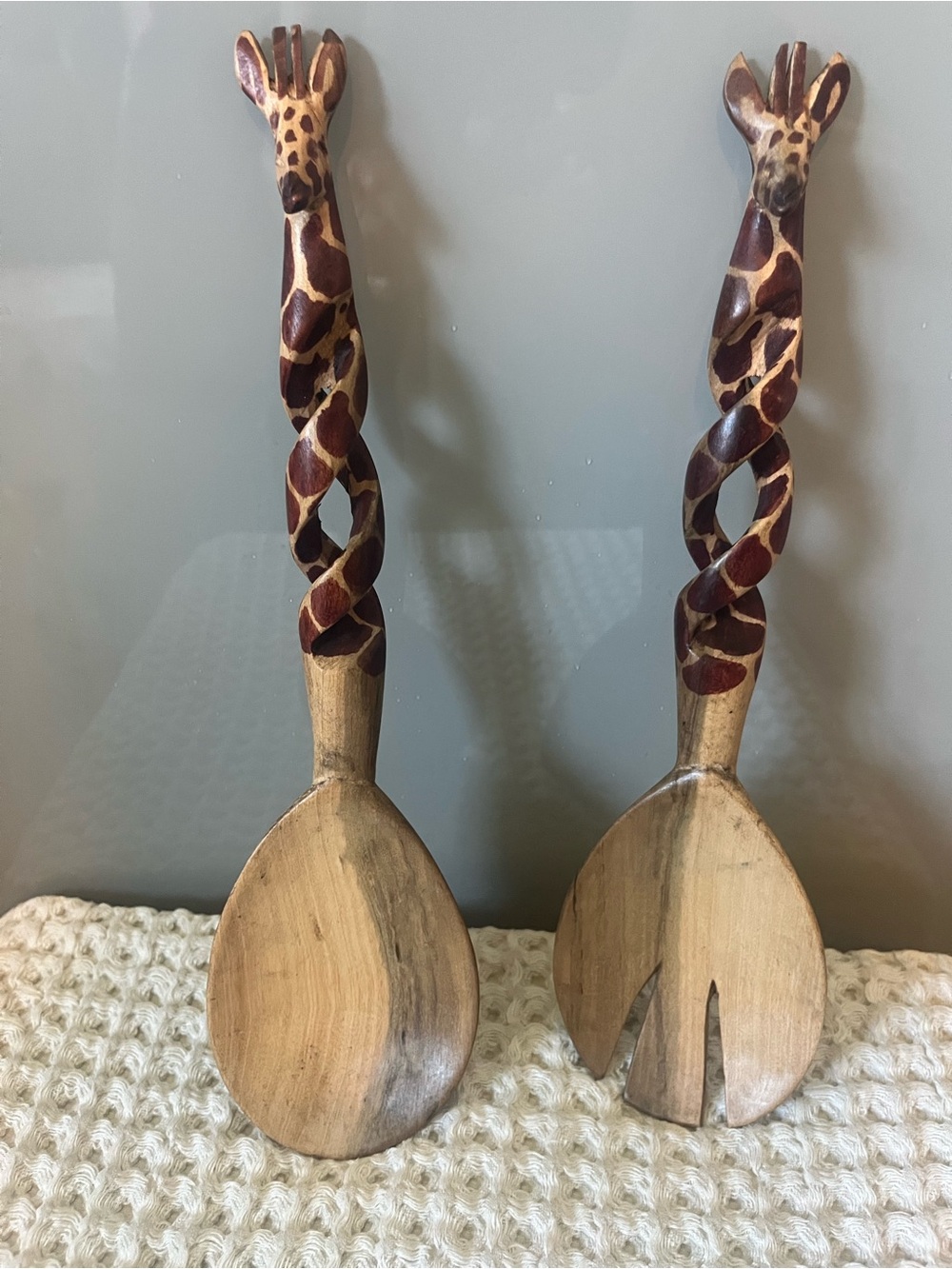 Hand-Carved Giraffe Wooden Salad Servers - Brown 12” 517